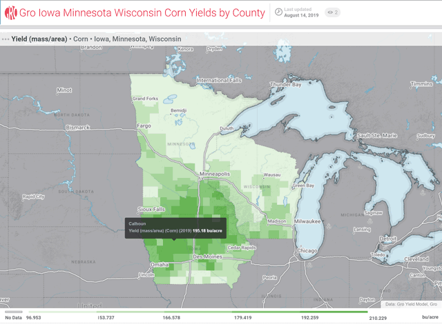 Green shading shows higher (dark green) and lower (light green) county yield estimates on Gro Intelligence&#039;s real-time yield maps for Iowa, Minnesota and Wisconsin on Day 2 of DTN&#039;s 2019 Digital Yield Tour. (Photo courtesy Gro Intelligence) 